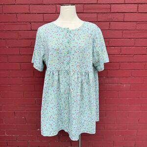 Vtg Venezia Vitale Womens Large Green Floral Babydoll Button Front‎ USA Cottage